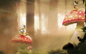 Mickey y Donald sobre un hongo gigante